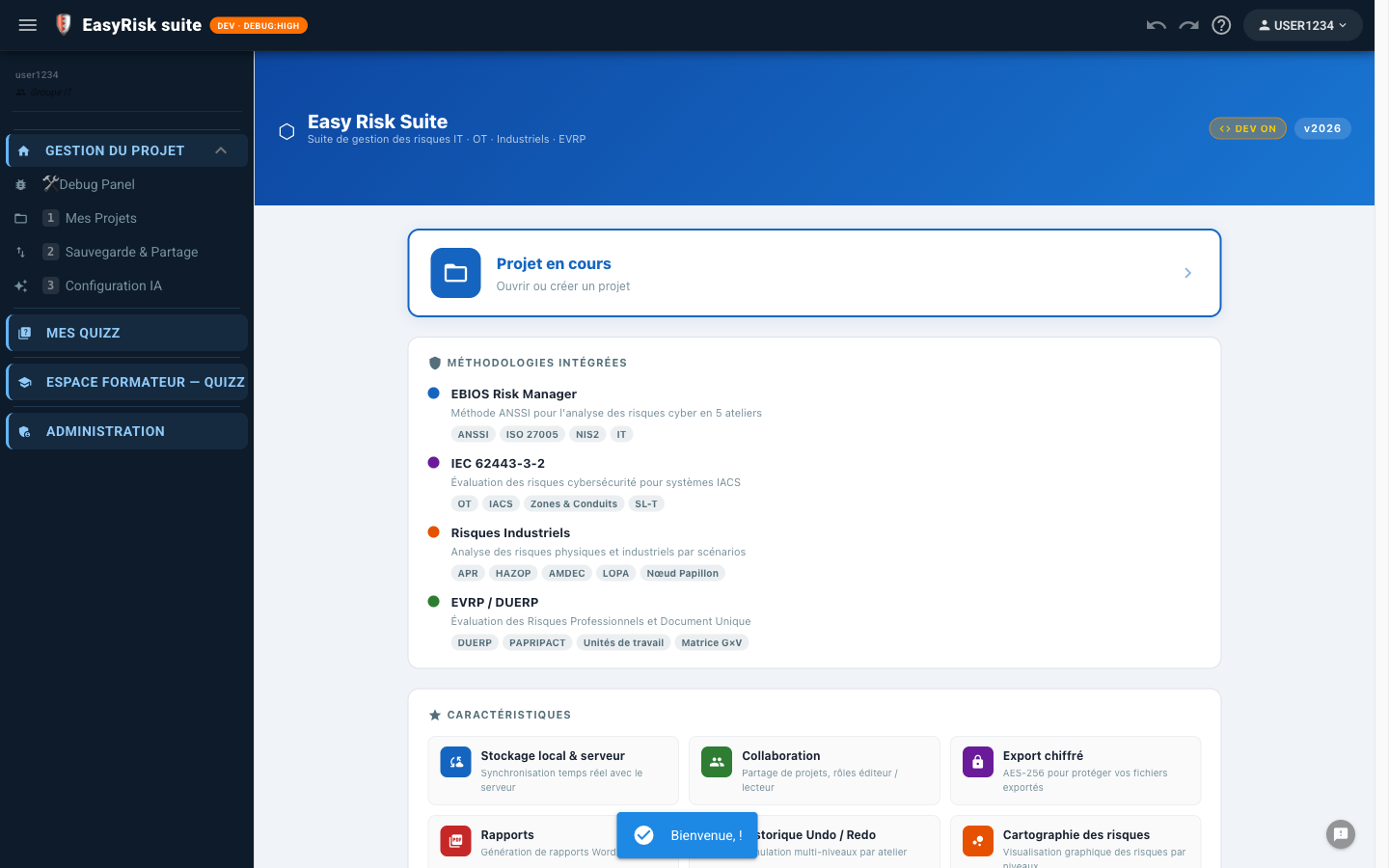 Page d'accueil après connexion